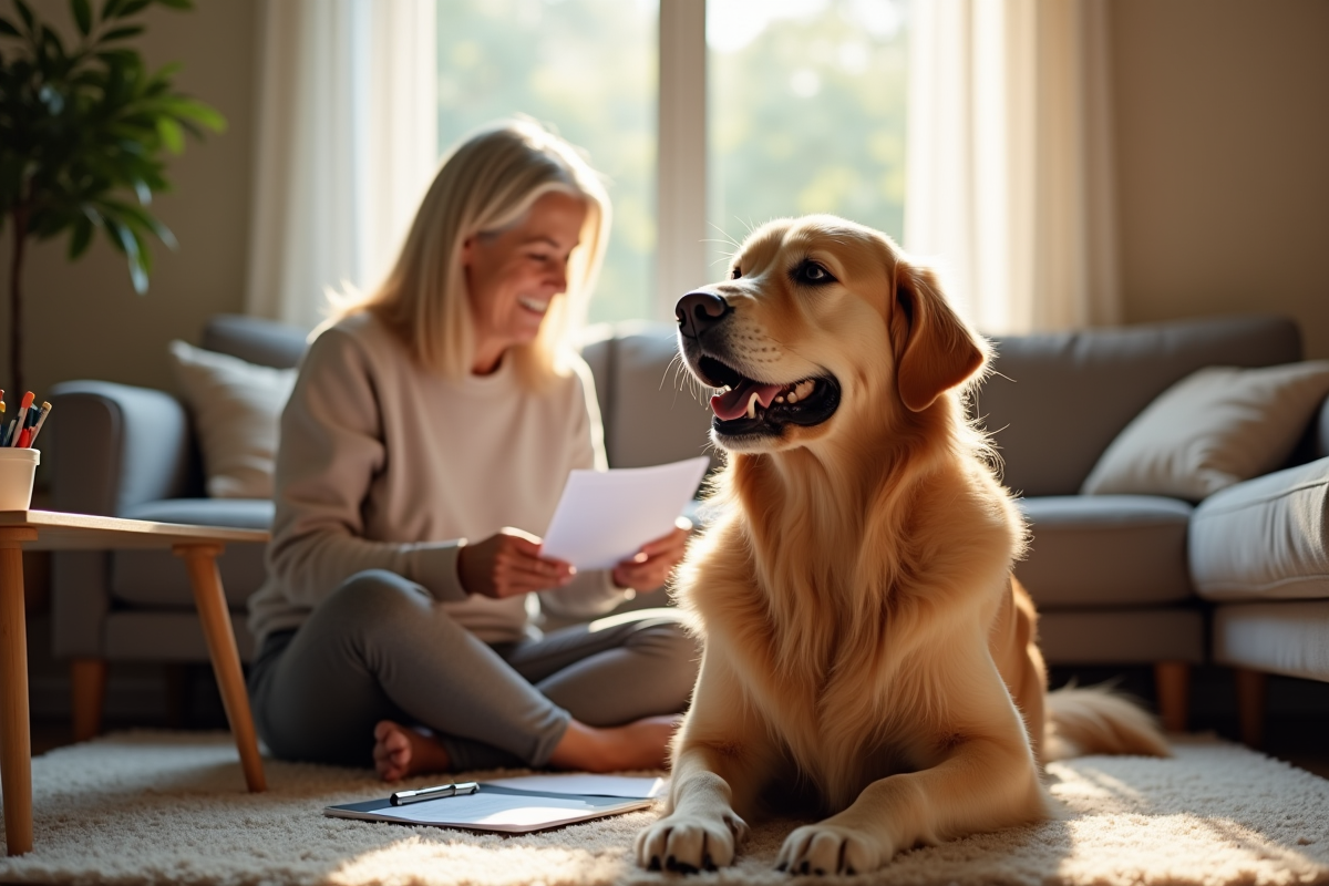 Chien dore senior assis sur un tapis dans un salon lumineux avec une femme âgée