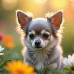 Petit chien âgé dans un jardin ensoleille avec fleurs