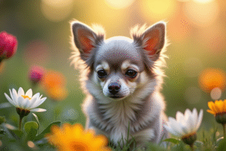 Petit chien âgé dans un jardin ensoleille avec fleurs