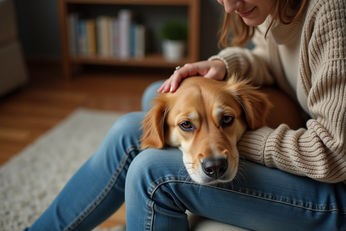 Chien retriever doré âgé reposant sur le canapé