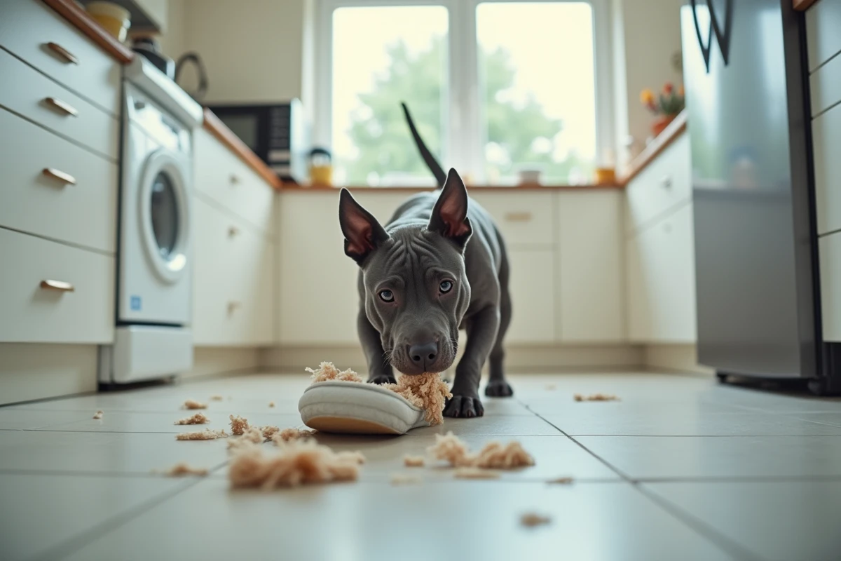 Chien Staffordshire mordant une pantoufle dans la cuisine lumineuse