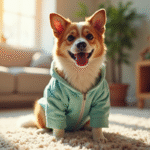 Chien heureux portant une onesie de récupération dans le salon
