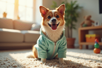 Chien heureux portant une onesie de récupération dans le salon