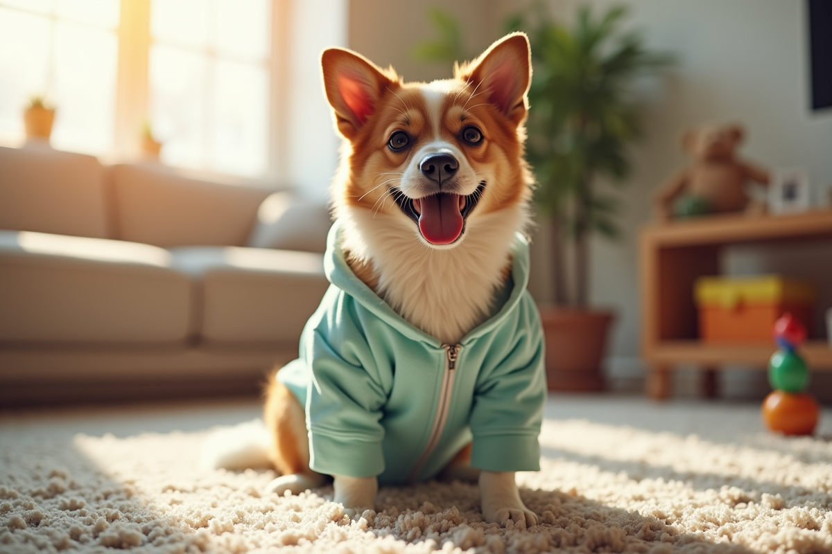 Chien heureux portant une onesie de récupération dans le salon