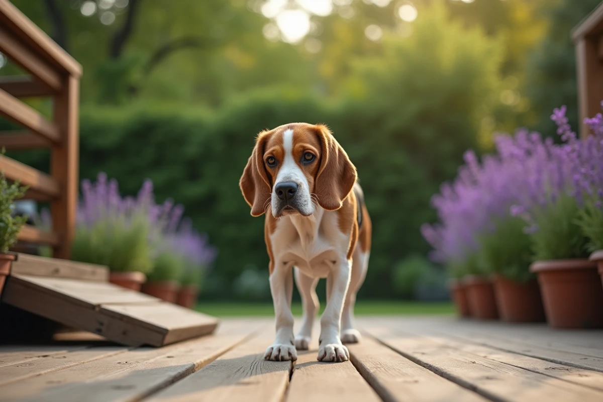 Vieux beagle debout sur une terrasse en bois avec une rampe d'accès adaptée aux chiens seniors