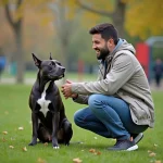 Staffordshire Bull Terrier assis avec son maître dans un parc urbain