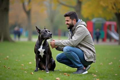 Staffordshire Bull Terrier assis avec son maître dans un parc urbain