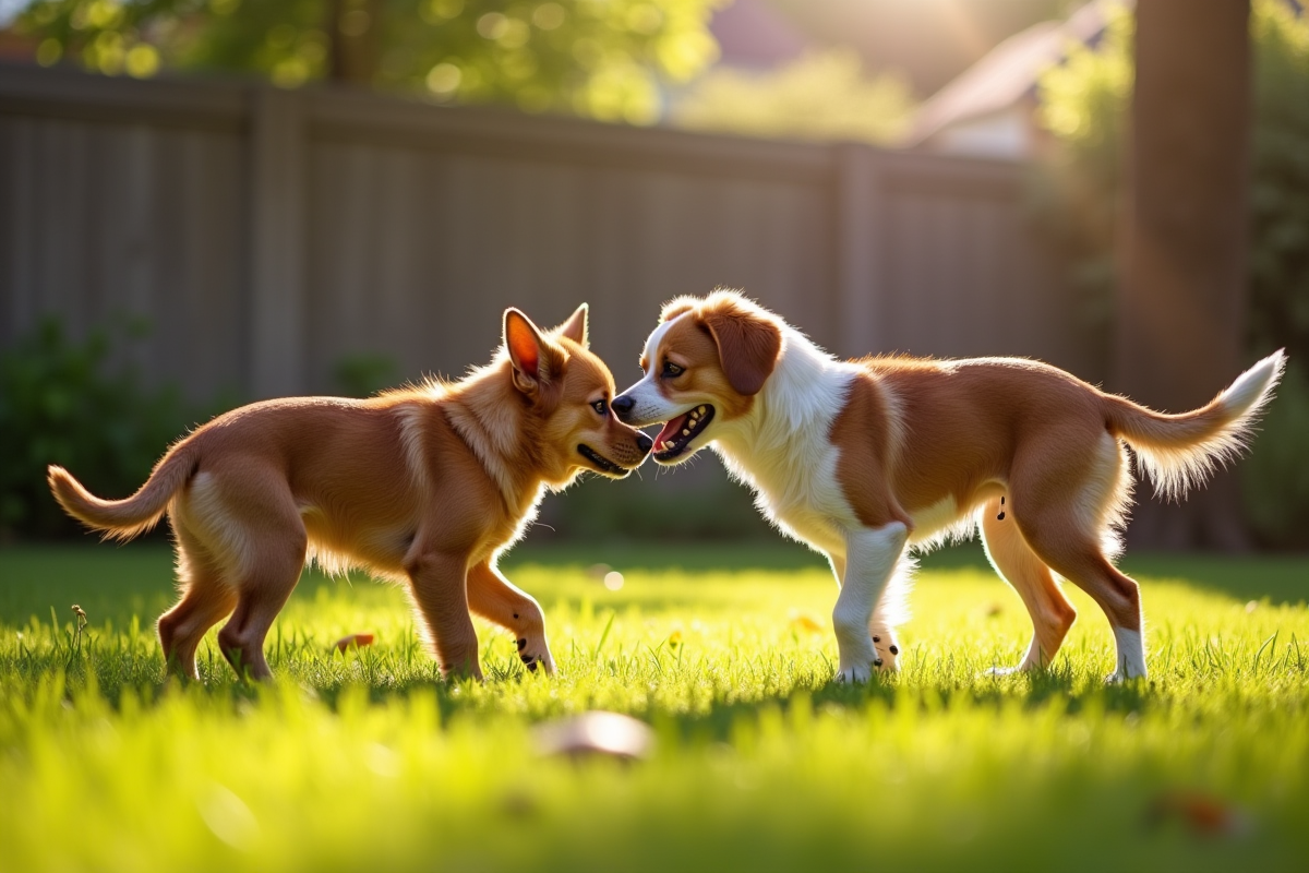 Deux chiens dans un jardin ensoleille avec posture submissive