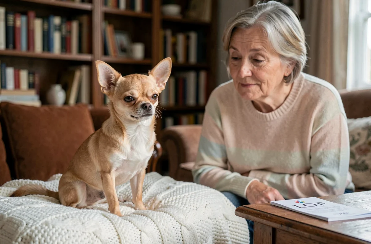 Chihuahua fauve LOF assis sur une couverture blanche dans un intérieur cosy du Rhône