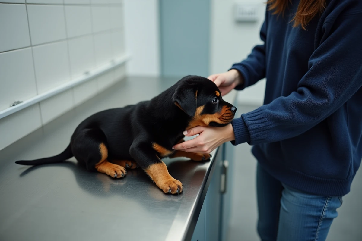Test de dominance d'un chiot Rottweiler par retournement sur le dos lors d'une évaluation vétérinaire du caractère