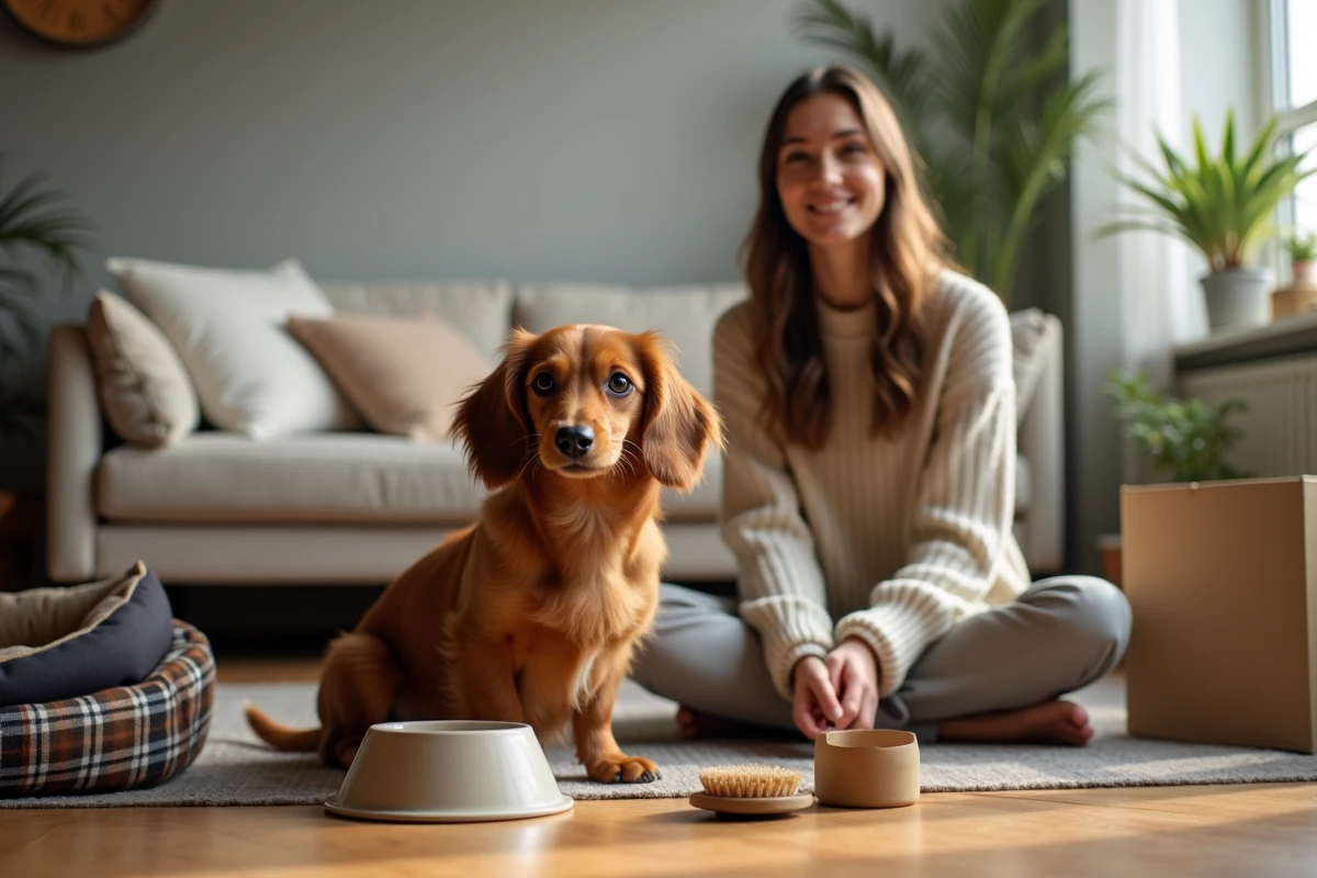 Chiot teckel à poil long avec sa nouvelle propriétaire entourée des accessoires d'adoption pour la première année