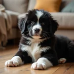 Chiot Terre Neuve de 8 semaines assis sur un plancher en bois, regardant l'objectif avec des yeux expressifs