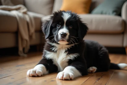 Chiot Terre Neuve de 8 semaines assis sur un plancher en bois, regardant l'objectif avec des yeux expressifs
