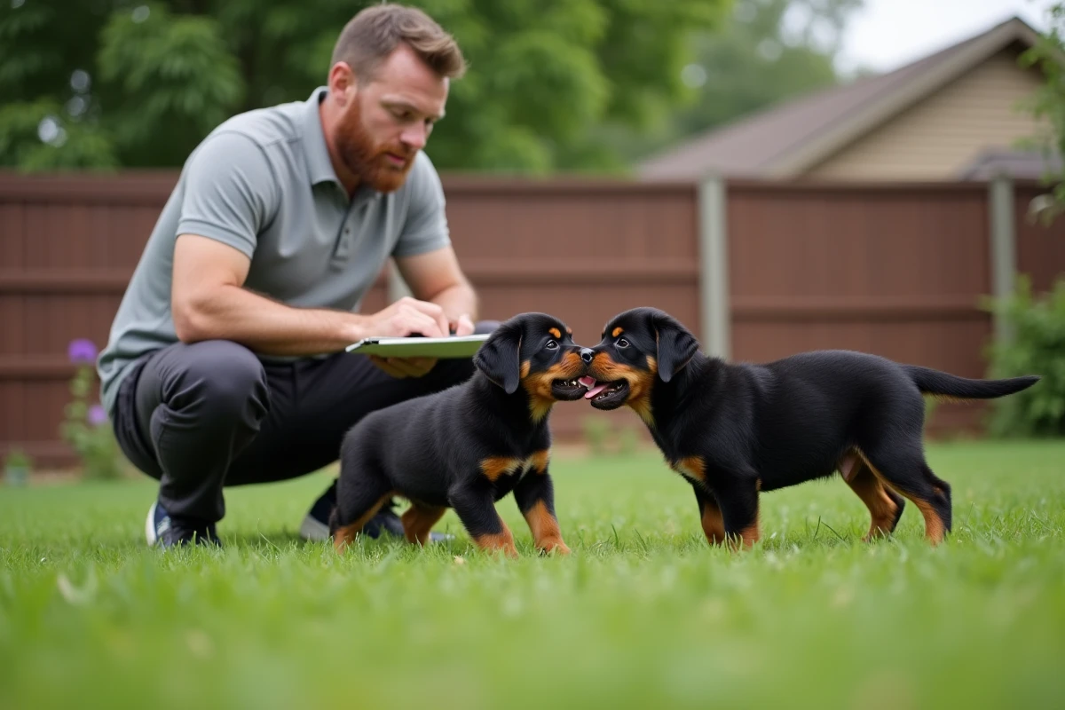 Deux chiots Rottweiler interagissant lors d'un test comportemental en extérieur sous la surveillance d'un éducateur canin