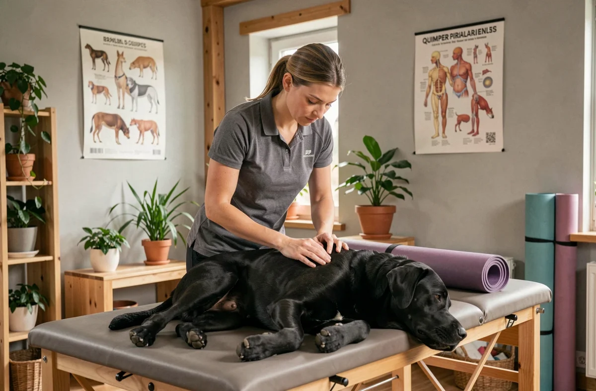 Chiropraticienne animalière réalisant une manipulation vertébrale sur un labrador noir à Quimper
