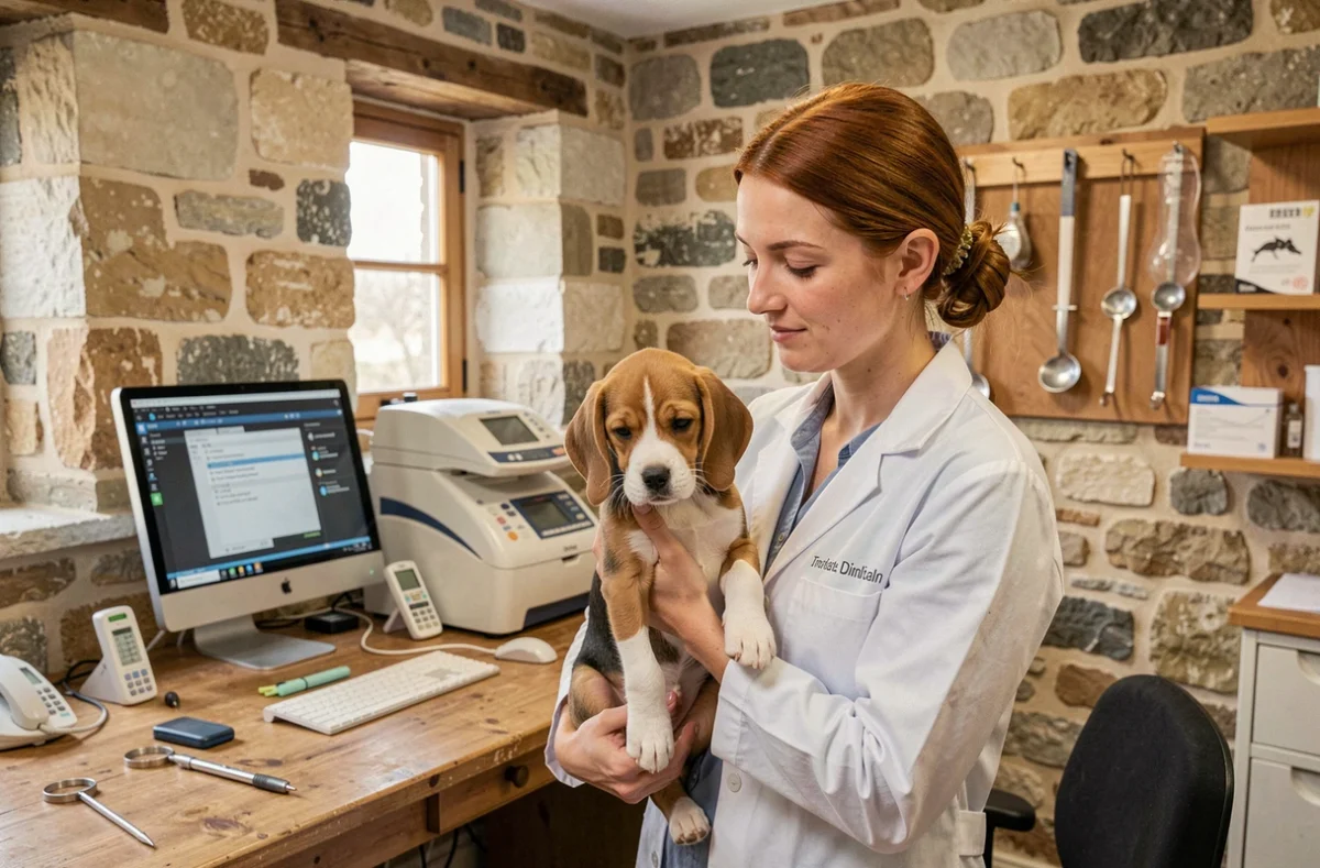 Vétérinaire tenant un chiot beagle en consultation à la clinique vétérinaire Anima de Dinan
