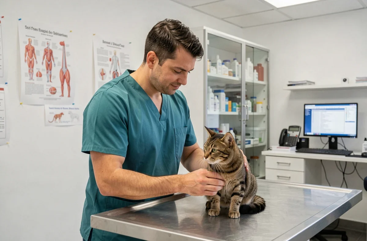 Vétérinaire examinant un chat tigré dans une clinique vétérinaire à Rennes, clinique Bouharaoua et Neveu