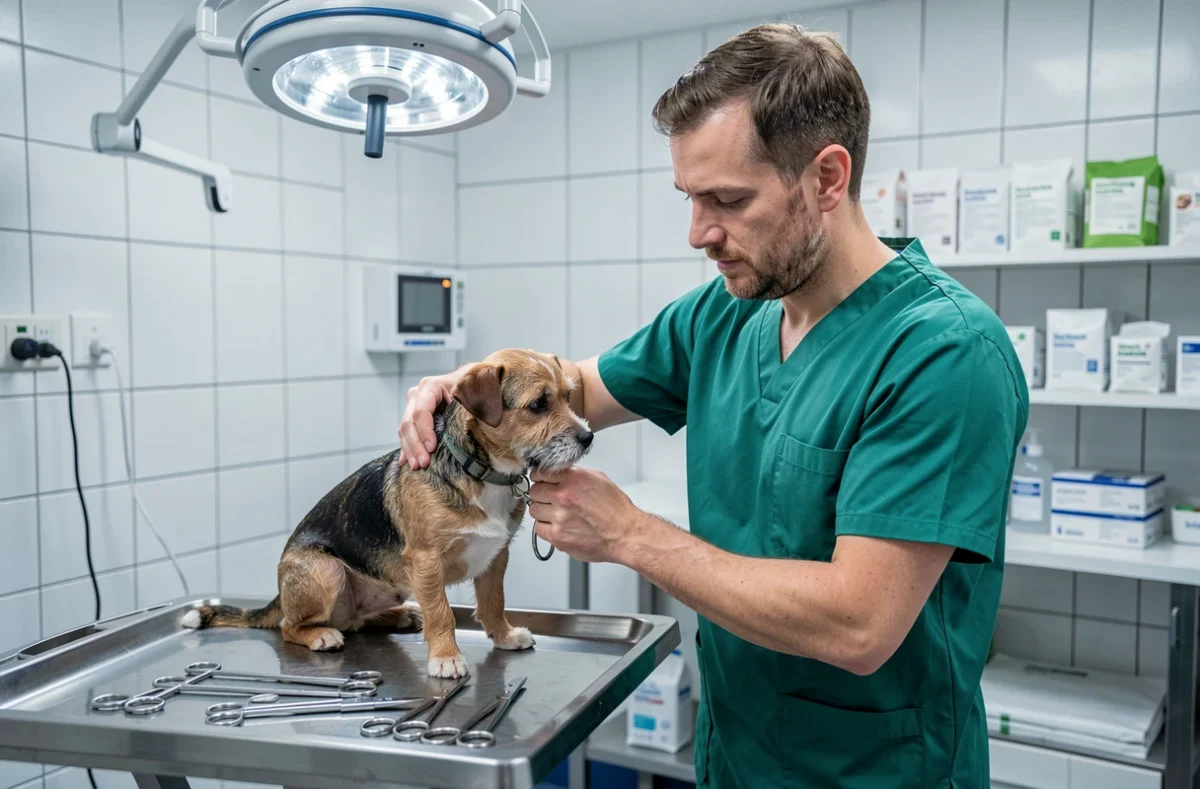 Vétérinaire préparant un petit terrier pour une intervention chirurgicale à la clinique des Écoles de Lanester