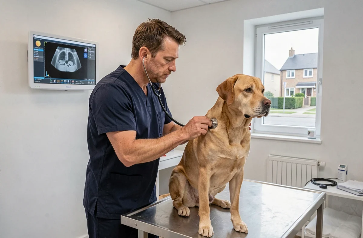 Vétérinaire auscultant un labrador dans une clinique moderne à Langueux, clinique vétérinaire de Douvenant
