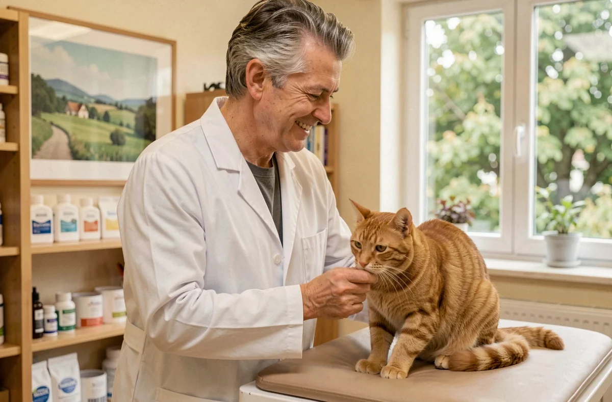Vétérinaire réalisant un bilan de santé sur un chat roux à la clinique vétérinaire de Montauban-de-Bretagne