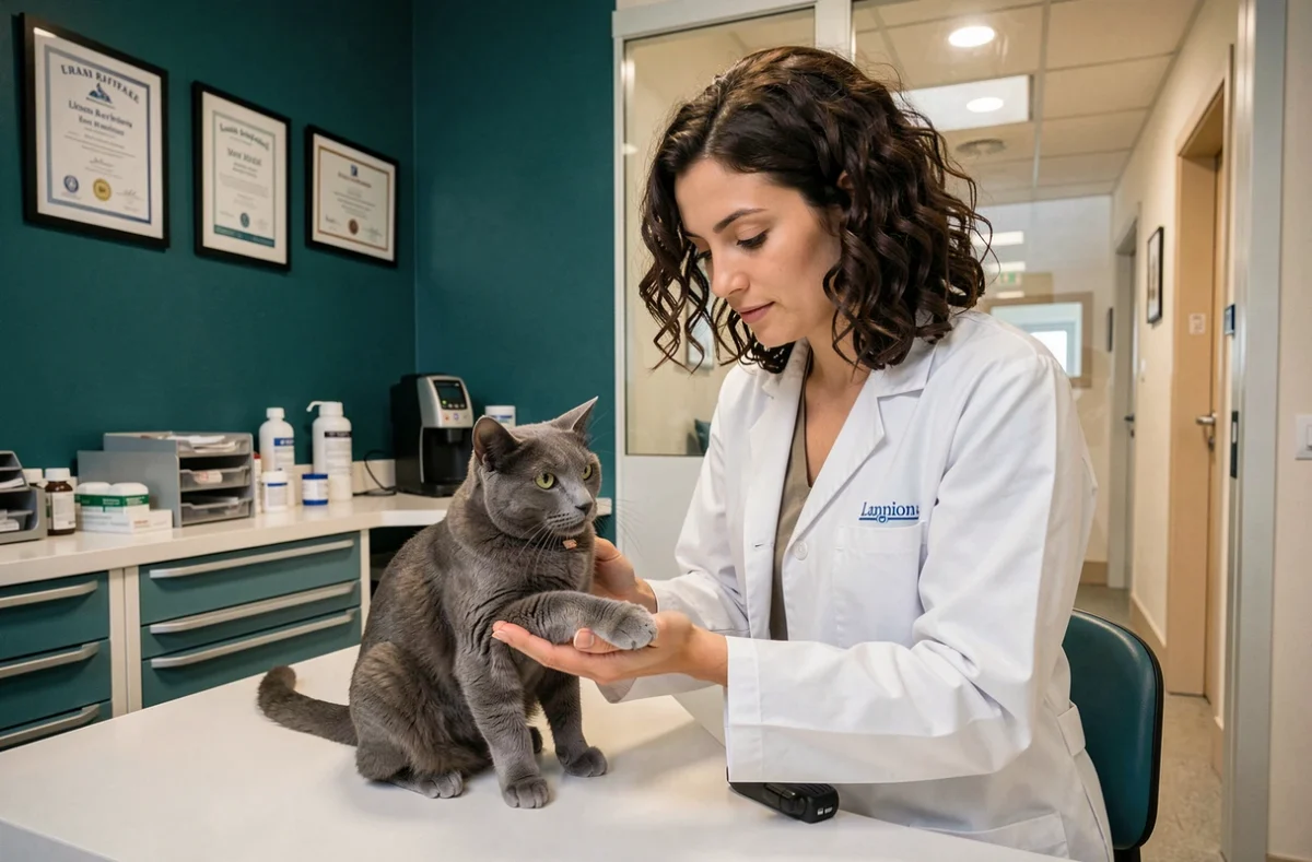 Vétérinaire soignant la patte d'un chat gris à la clinique vétérinaire Saint Marc de Lannion