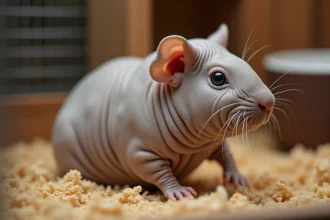 Cochon d'Inde Skinny dans une cage propre avec litière en bois et gamelle en céramique