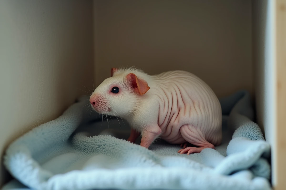 Cochon d'Inde Skinny recroquevillé dans un coin montrant des signes de stress lié au froid