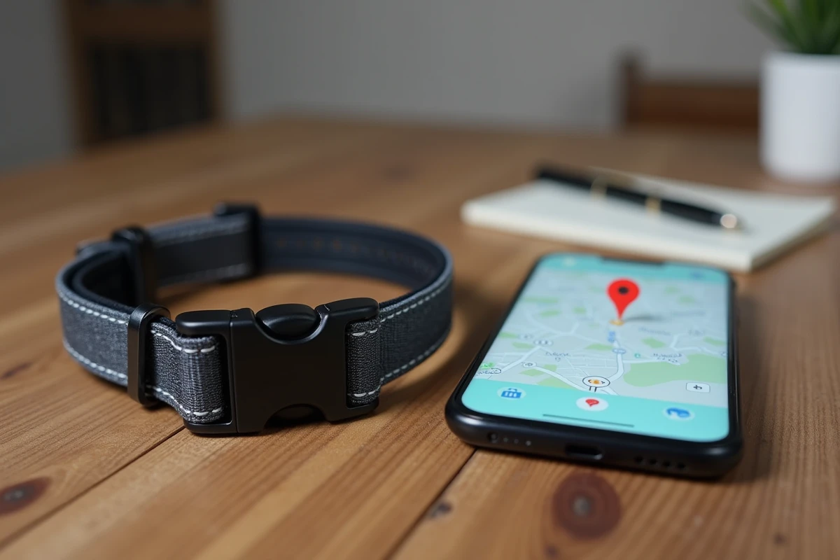Collier GPS pour chien posé sur une table en bois à côté d'un smartphone affichant une carte de localisation