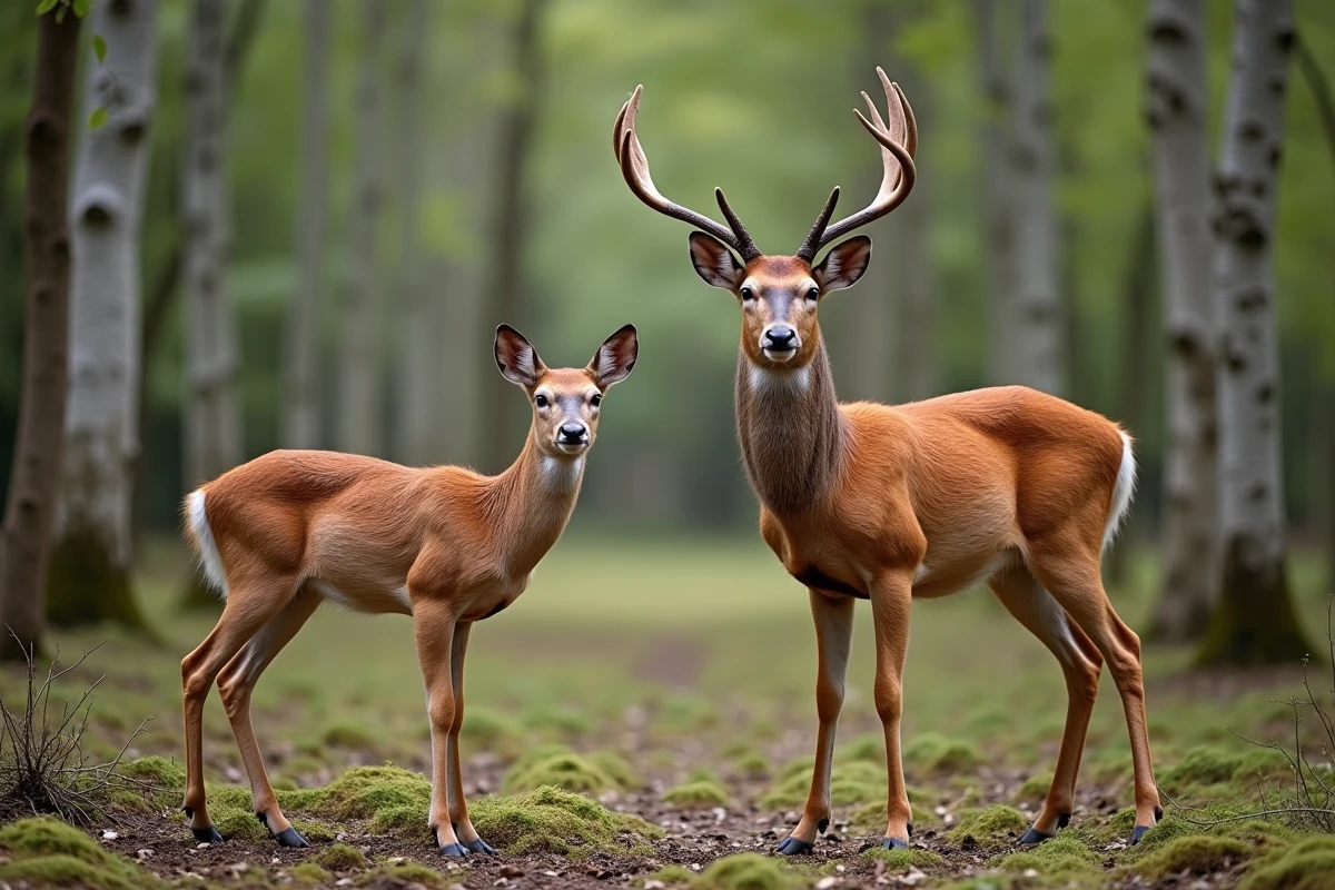 Comparaison taille cerf et chevreuil dans une clairière forestière, photo éducative pour enfants et débutants en nature