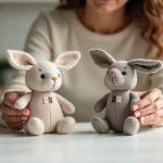 Comparaison entre un vrai jouet-lapin Petsboro authentique et une contrefaçon, vue rapprochée des étiquettes et coutures