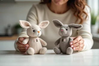 Comparaison entre un vrai jouet-lapin Petsboro authentique et une contrefaçon, vue rapprochée des étiquettes et coutures