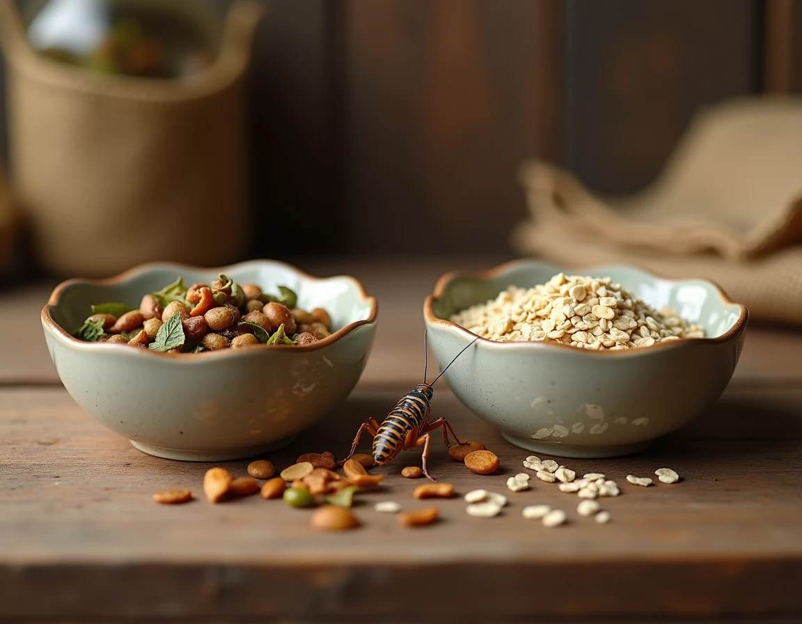 Comparaison entre l'alimentation d'un grillon sauvage et d'un grillon d'élevage disposée sur une table en bois