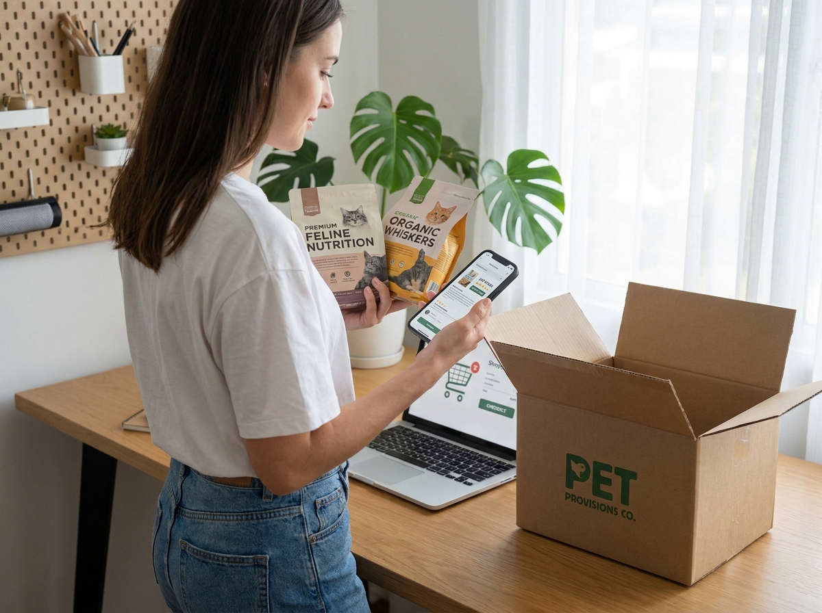 Jeune femme comparant des produits alimentaires pour chat sur son smartphone tout en consultant un site d'achats en ligne pour animaux depuis son bureau à domicile