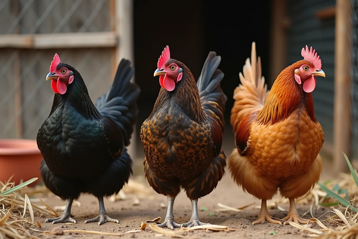 Comparatif de trois races de poules lourdes côte à côte dans un enclos extérieur : Brahma sombre, Cochin et Marans