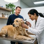 Vétérinaire examinant un golden retriever en consultation clinique avec le propriétaire du chien présent