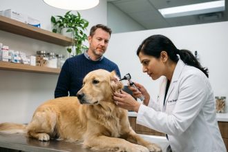 Vétérinaire examinant un golden retriever en consultation clinique avec le propriétaire du chien présent