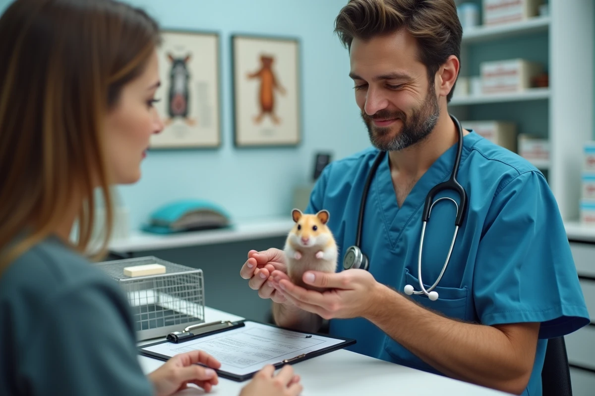 Vétérinaire NAC discutant de la santé d'un hamster nain avec sa propriétaire lors d'une consultation