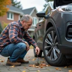 Homme d'âge moyen examinant des fils rongés sous le capot