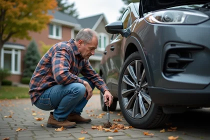 Homme d'âge moyen examinant des fils rongés sous le capot