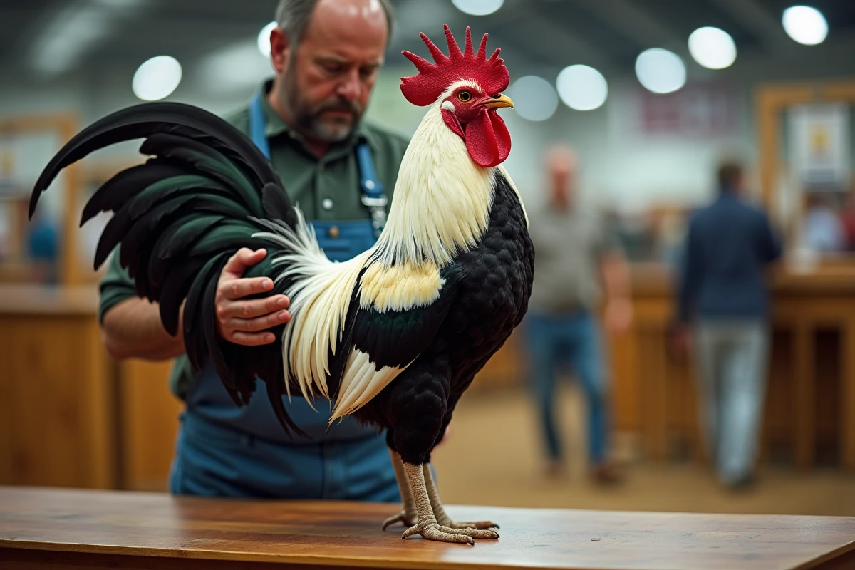 Éleveur examinant un coq Brahma colombien imposant lors d'un concours agricole, plumage noir et blanc détaillé mis en valeur