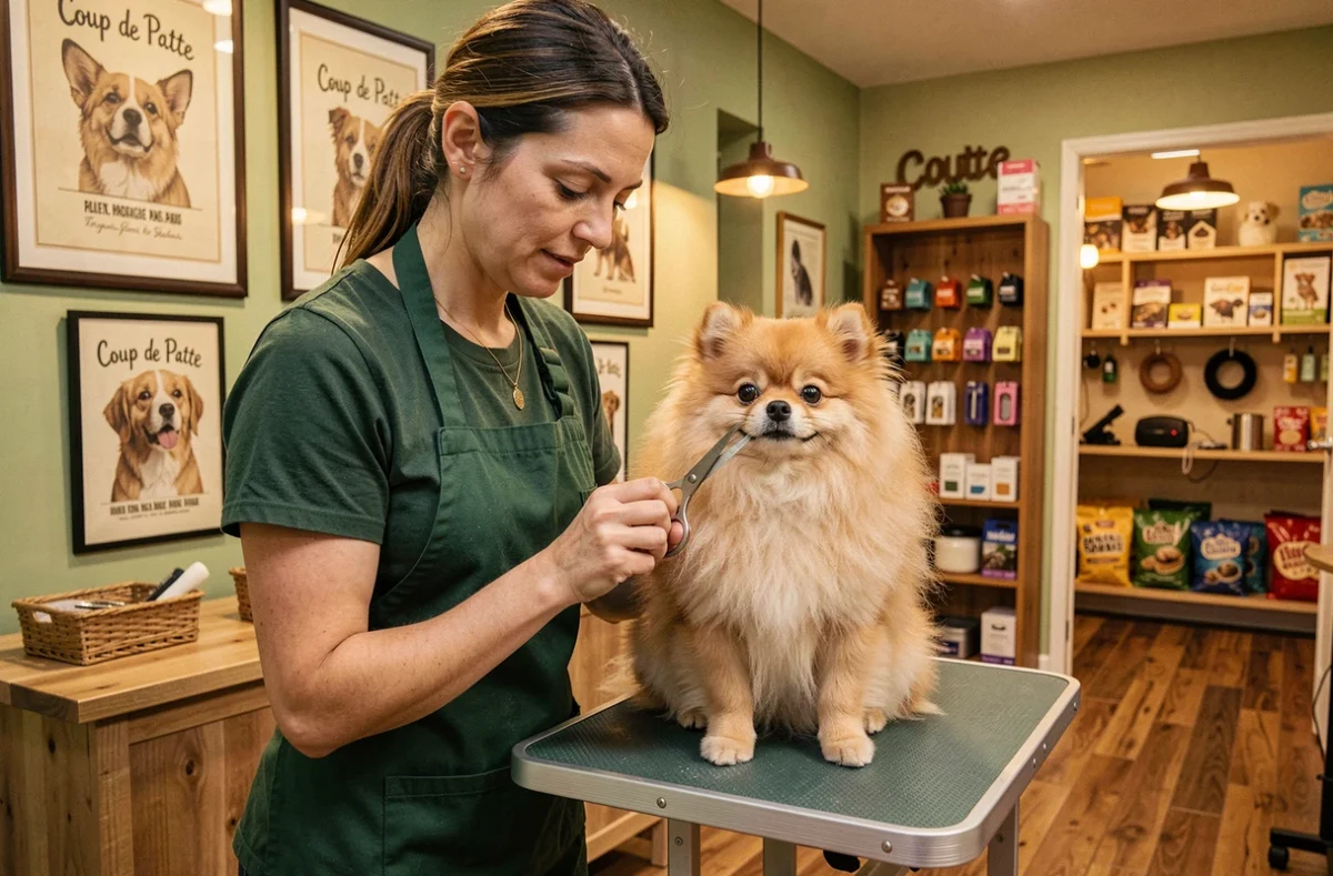 Toiletteuse experte coupant avec précision le poil des pattes d'un Poméranien dans la boutique artisanale Coup de Patte