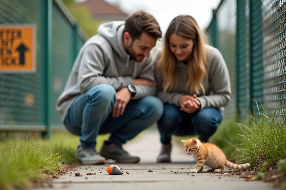 Jeune couple avec un chaton ginger jouant dehors dans un jardin urbain