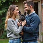 Jeune couple français avec chiot bulldog bleu en extérieur