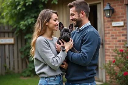 Jeune couple français avec chiot bulldog bleu en extérieur