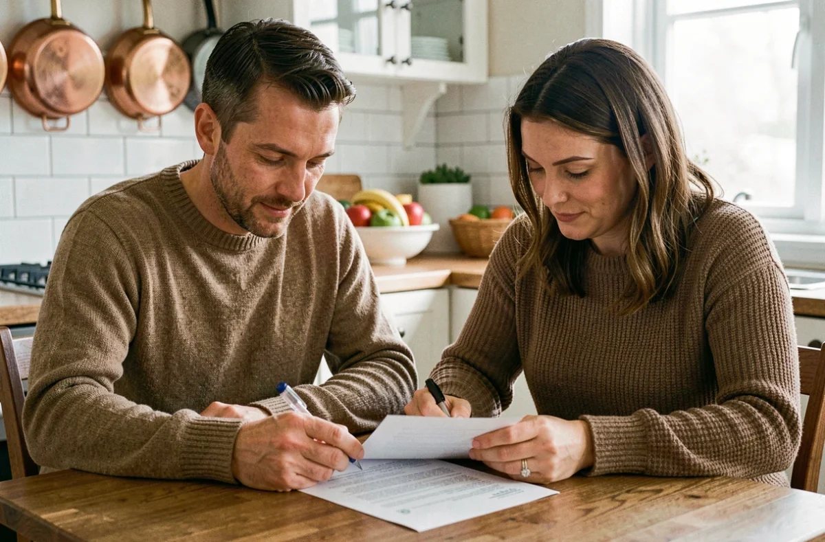 Couple complétant un dossier d'adoption éthique à leur domicile avec des documents officiels