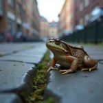Crapaud commun sur un trottoir urbain fissuré entouré de mousse, signe du retour de la biodiversité en ville