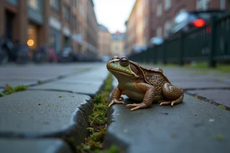 Crapaud commun sur un trottoir urbain fissuré entouré de mousse, signe du retour de la biodiversité en ville