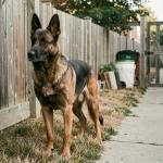 Croisé Malinois Berger allemand en posture de garde à la clôture d'un jardin résidentiel
