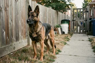 Croisé Malinois Berger allemand en posture de garde à la clôture d'un jardin résidentiel