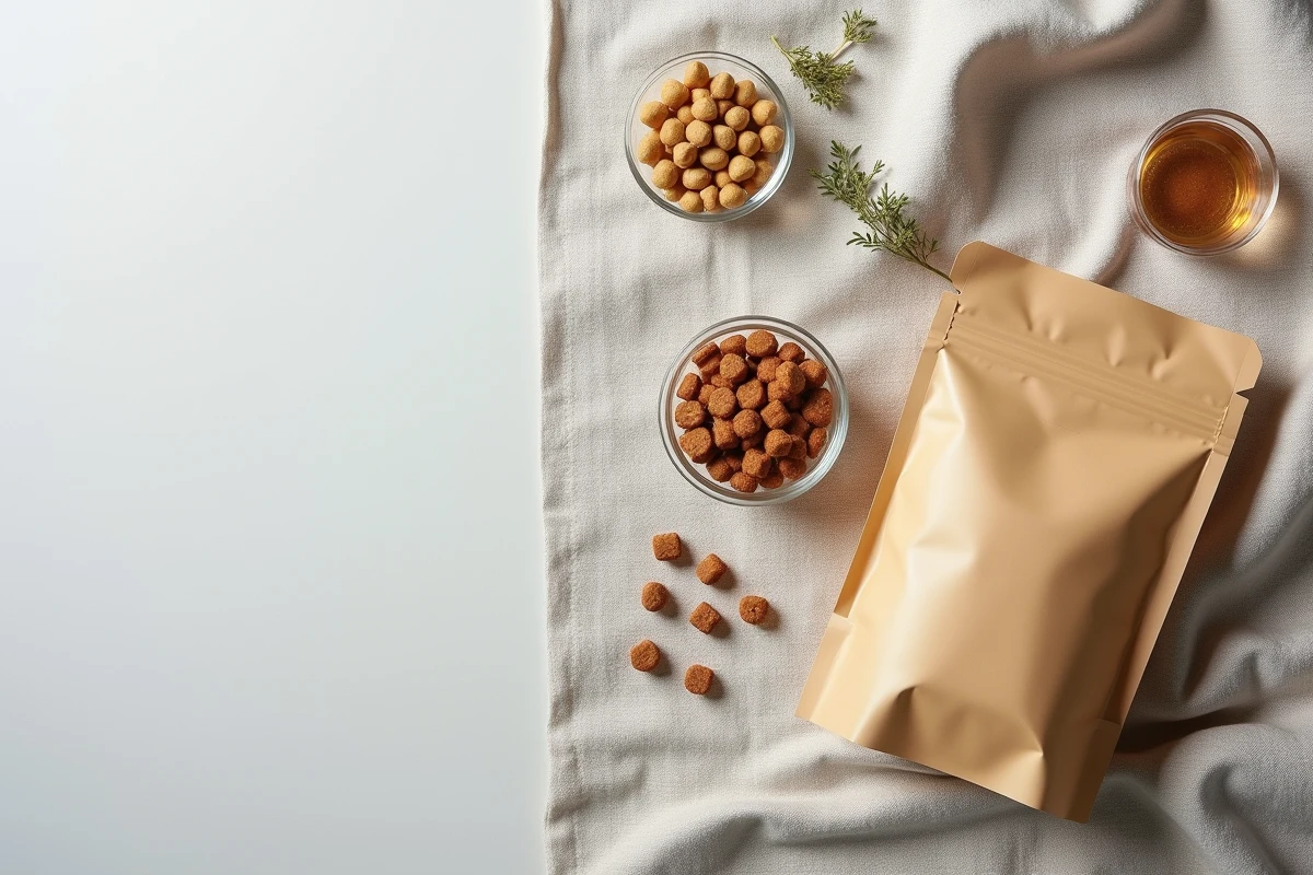 Vue en plongée d'un sac de croquettes Ultra Premium pour chat sensible avec gamelle et ingrédients naturels sur fond neutre